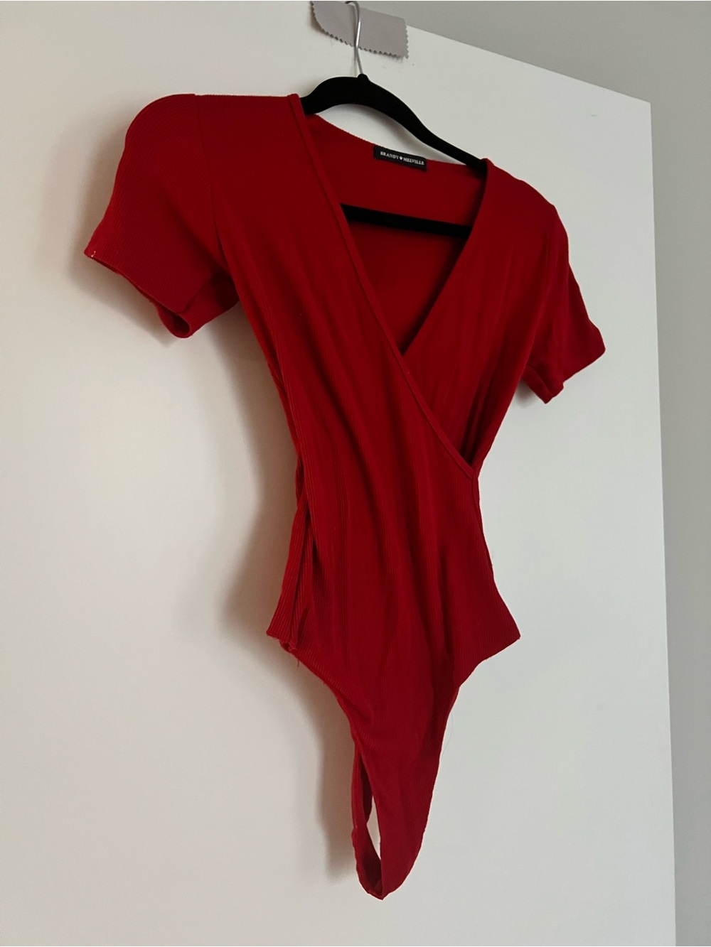 Red Ribbed Wrap-Front Bodysuit - brandy Melville